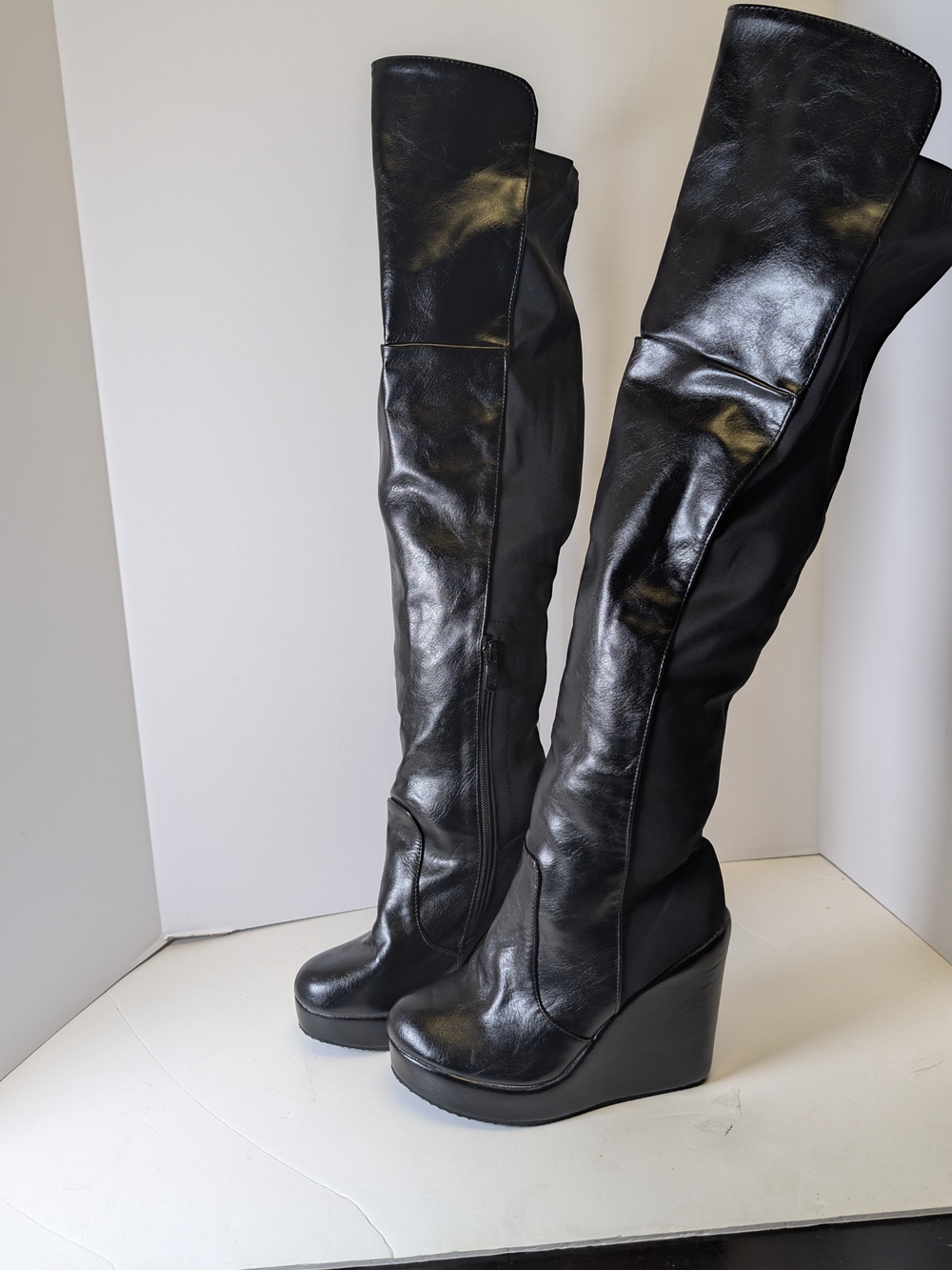 Black Over-the-Knee Wedge Boots with Side Zip - Women